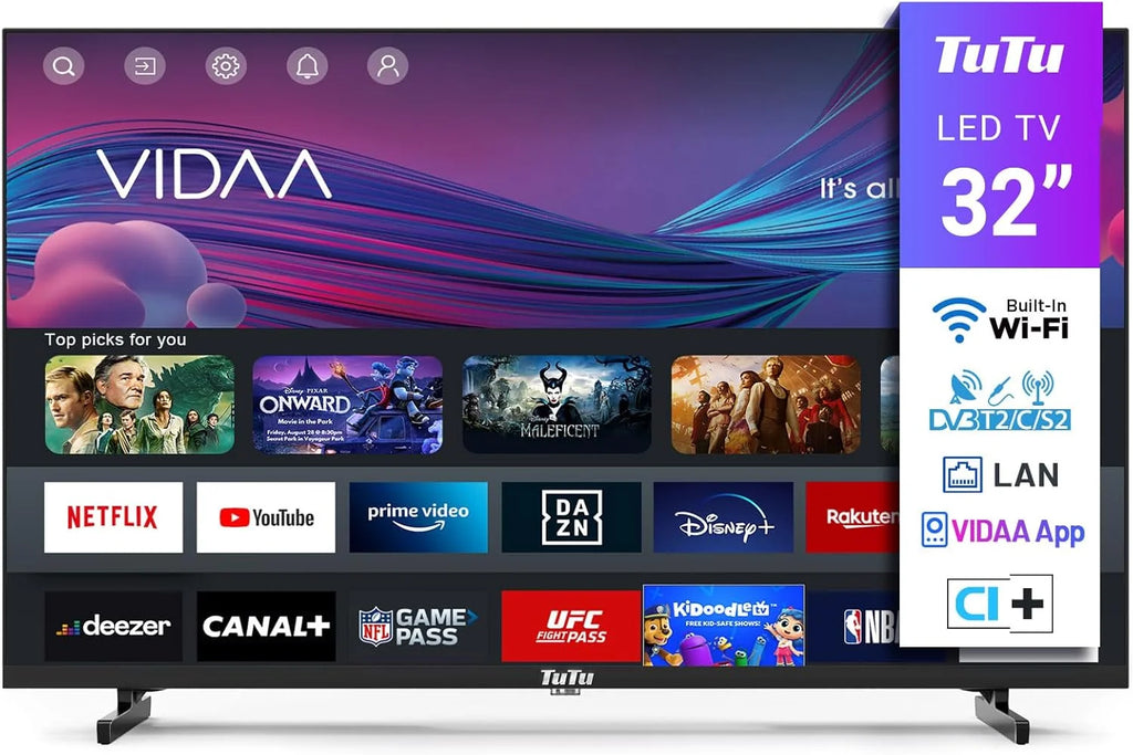 TuTu Smart TV 32 Pouces (80 cm) WiFi VIDAA Connectée Télévision sans Bord avec Triple Tuner(DVB-C/S2/-T2), VIDAA Remote App, Molotov, Netflix, Prime Video, Disney+, Youtube (TUV32HQ1B, 2024)