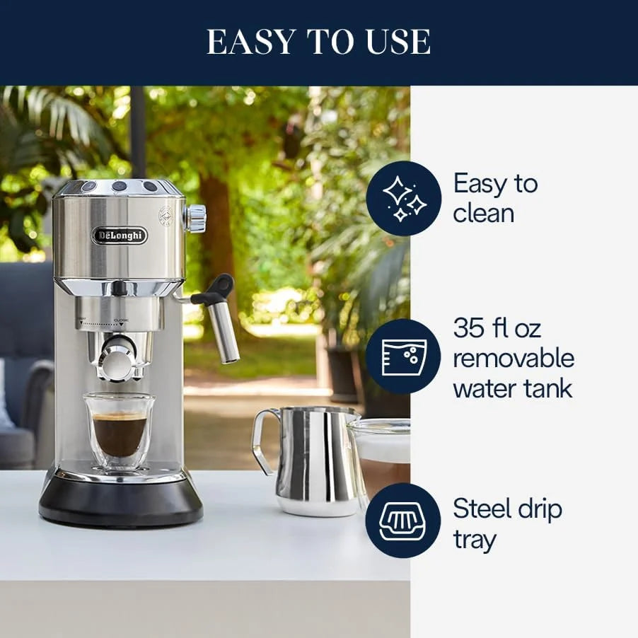 De'Longhi Dedica Espresso Machine, Coffee and Cappucino Maker with Milk Frother, Metal / Stainless, Compact Design 6 in Wide, Fit Mug Up to 5 in, EC680M