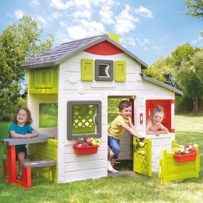 Smoby Life - Casa de Juegos Friends House EVO con 2 Puertas, 6 Ventanas y Mesa de Picnic Extraíble – Fabricada en Material Reciclado, Protección UV, para Niños a Partir de 3 Años (7600810208)