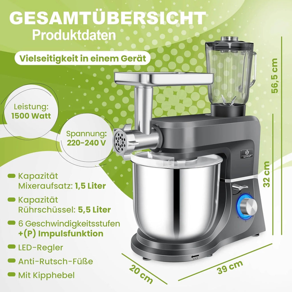 KESSER Robot de cuisine universel 3 en 1 K-KM 3000 avec hachoir à viande, pétrisseur, mélangeur multifonction, bol de 5,5 l avec 3 outils mélangeurs, presse-agrumes 1,5 l, kit d'accessoires, pâtes et