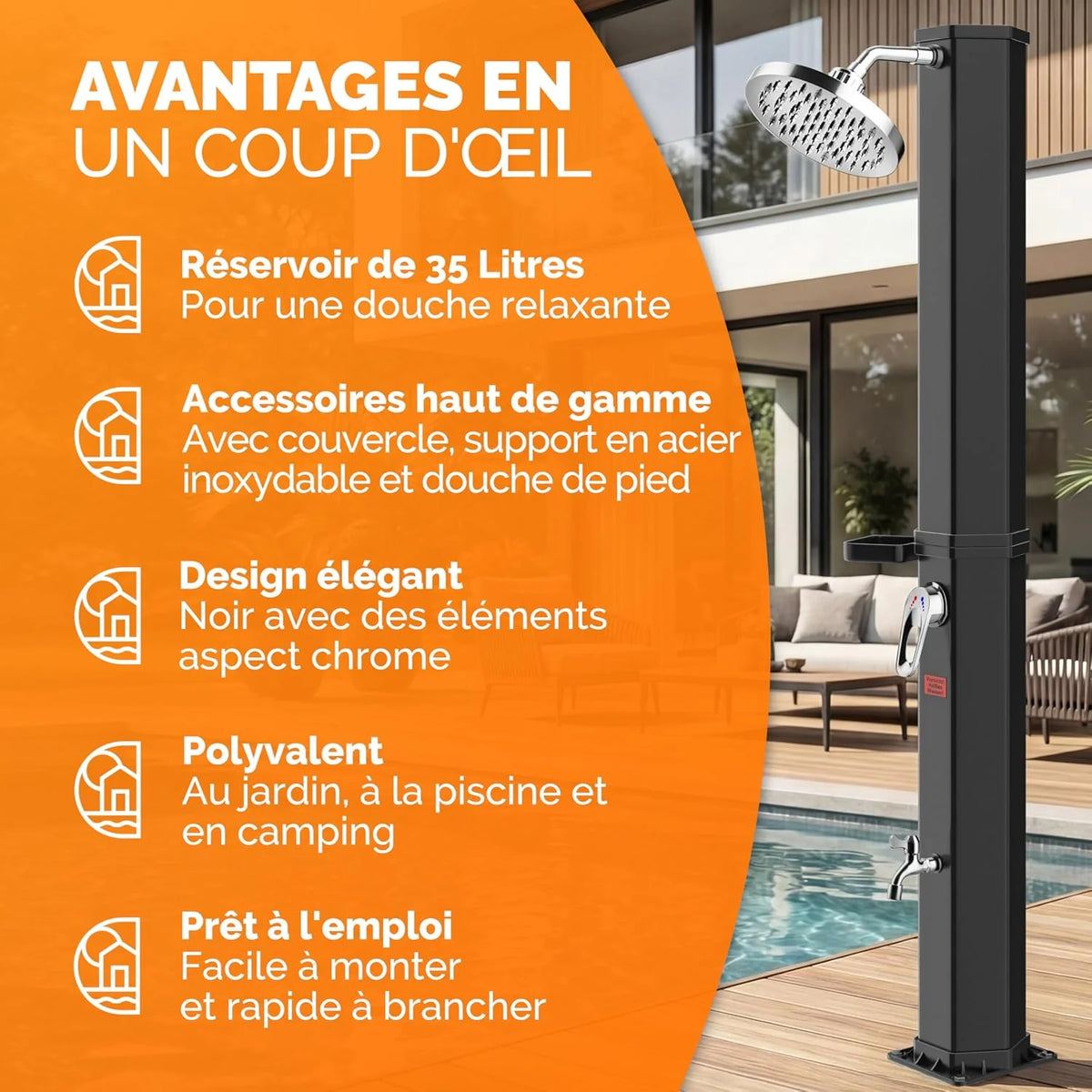 Casaria® Douche Solaire Jardin 35 L - 216 cm - Pommeau de Douche pivotant Ø15 cm - Douchette extérieur Eau Chaude - avec raccord Tuyau d'Arrosage & Housse de Protection - Piscine, Terrasse, Camping