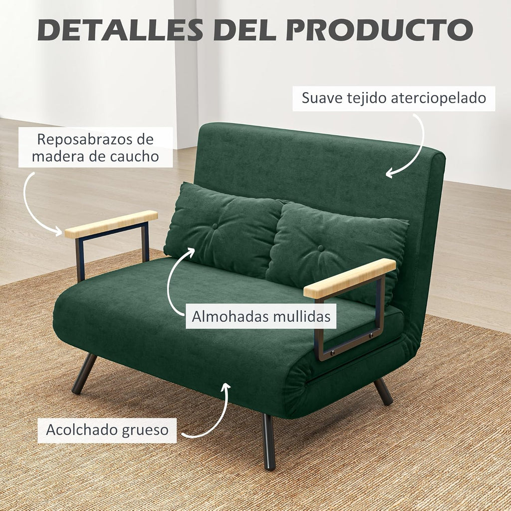 HOMCOM Sofa Bed 2 Seater Folding Sofa Bed Upholstered in Velvet with 5 Levels Adjustable Backrest and Padded Pillows for Office Bedroom Living Room 102 x 73 x 81 cm Beige