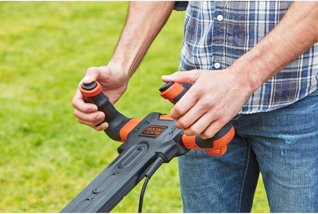 BLACK+DECKER BEMW471ES, Cortacésped eléctrico 1.600W 38 cm, Anchura de Corte de 38 cm, 6 Alturas Ajustables de Corte de 20, 30, 40, 50, 60 y 70 mm, Mango EASYSTEER de 3 Posiciones
