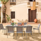 sweeek - Table de Jardin Extensible Aluminium + 10 assises Aluminium et textilène Anthracite. 8 chaises. 2 fauteuils. 10 Places. 290 x 100 x 75 cm