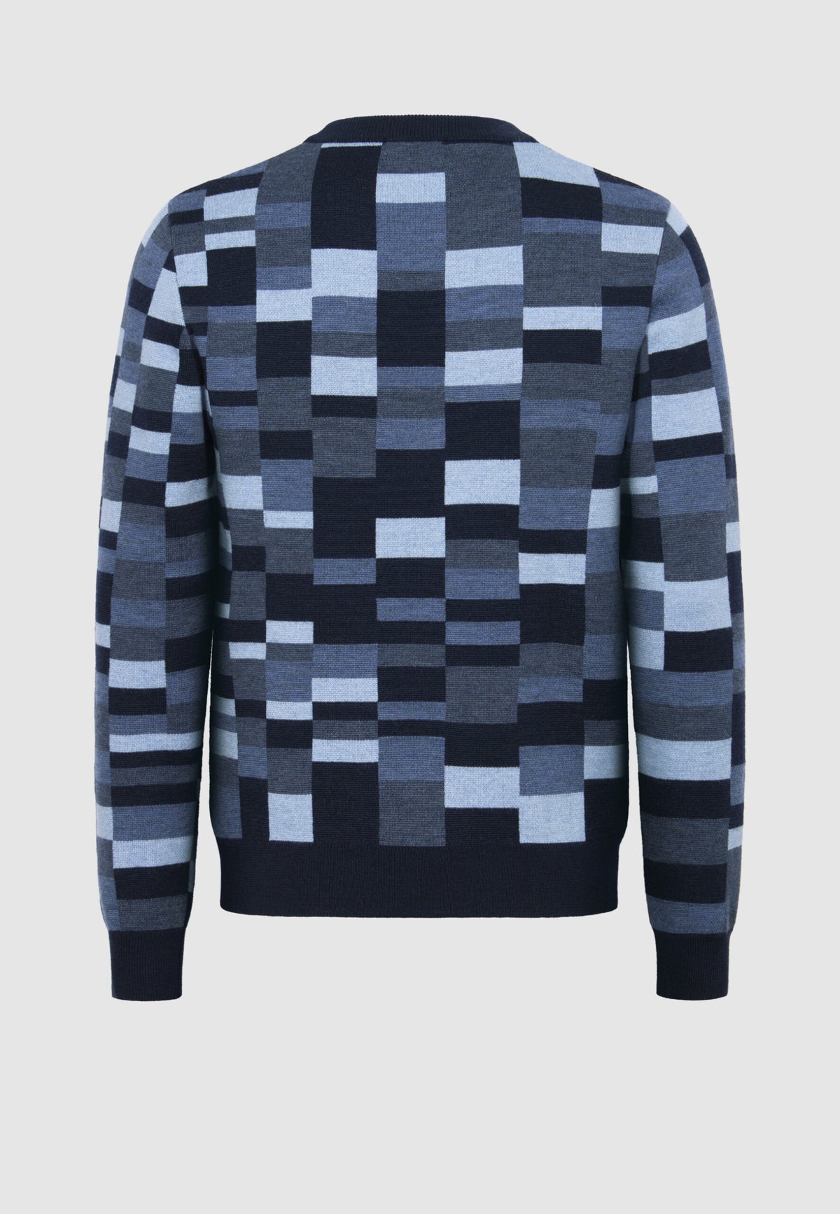 dos pull jacquard en laine mérinos à carreaux bleus
