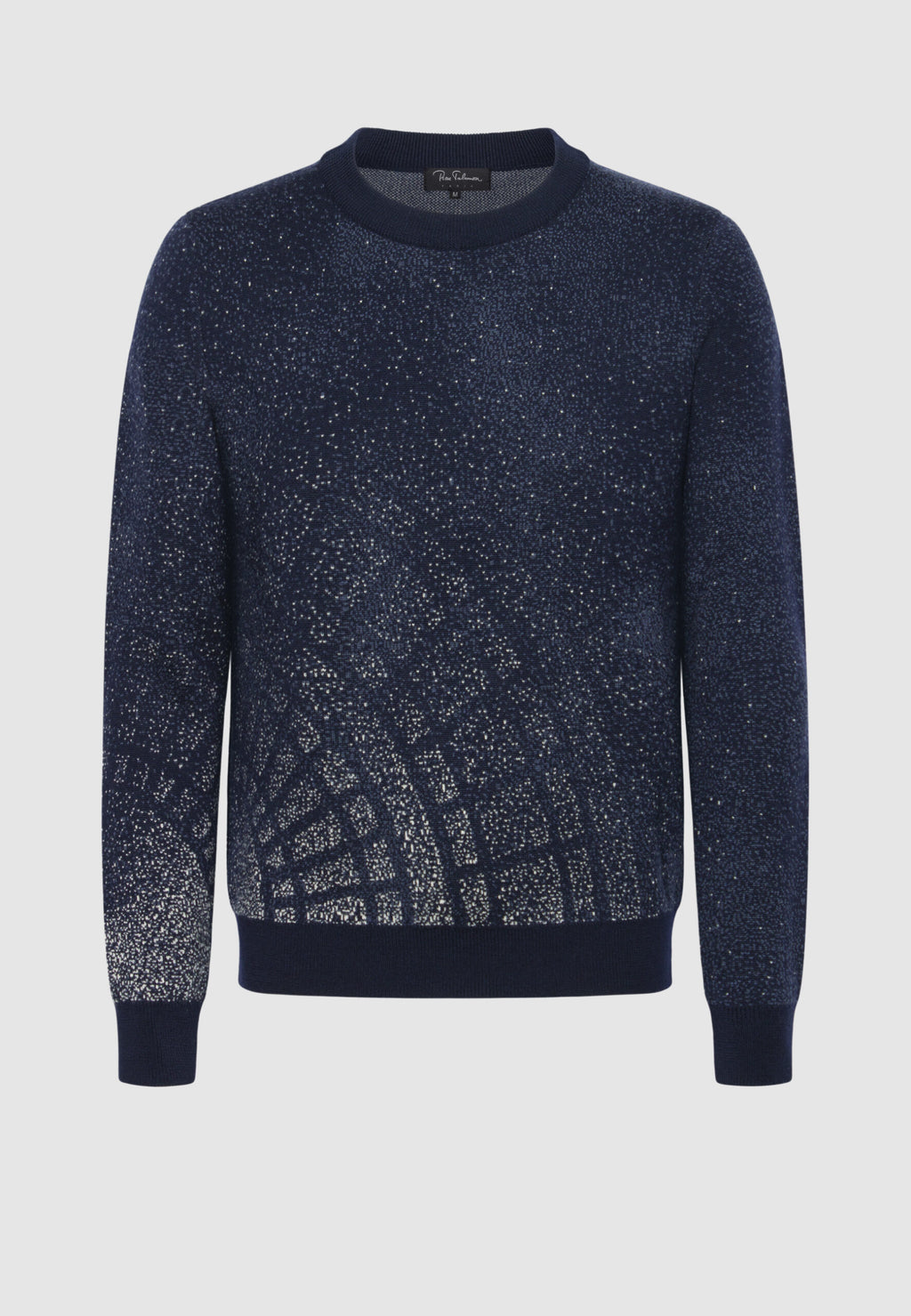 pull jacquard bleu marine graphisme blanc