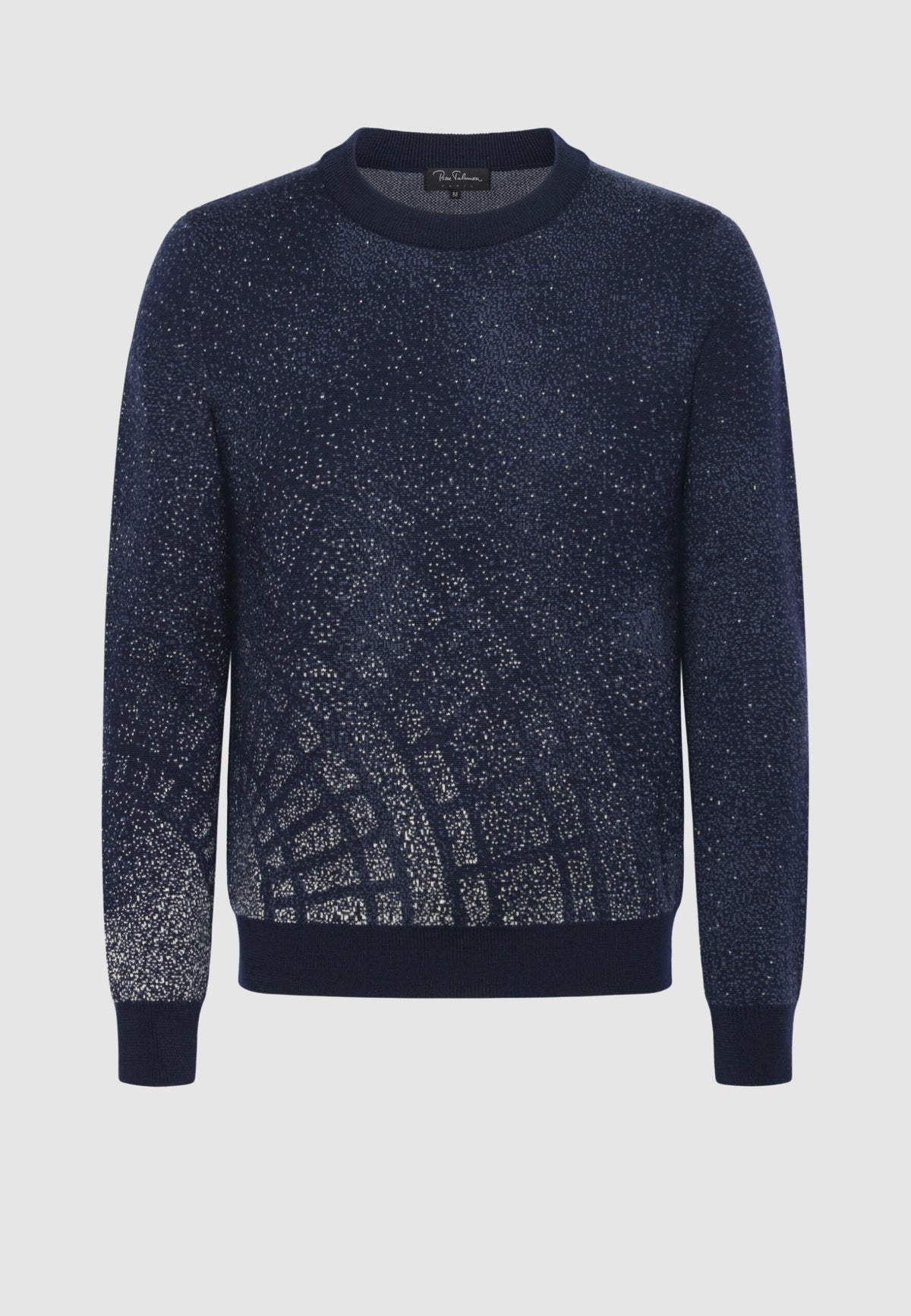 pull jacquard bleu marine graphisme blanc