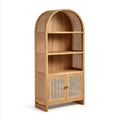 Étagère salle de bain bois naturel avec structure arquée, 3 étagères et armoire à 2 portes
