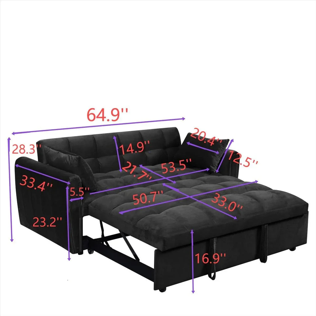 64.96 Velvet 3-in-1 Convertible Sofa Bed with Adjustable Back, Storage Pocket, and 500lb Weight Capacity