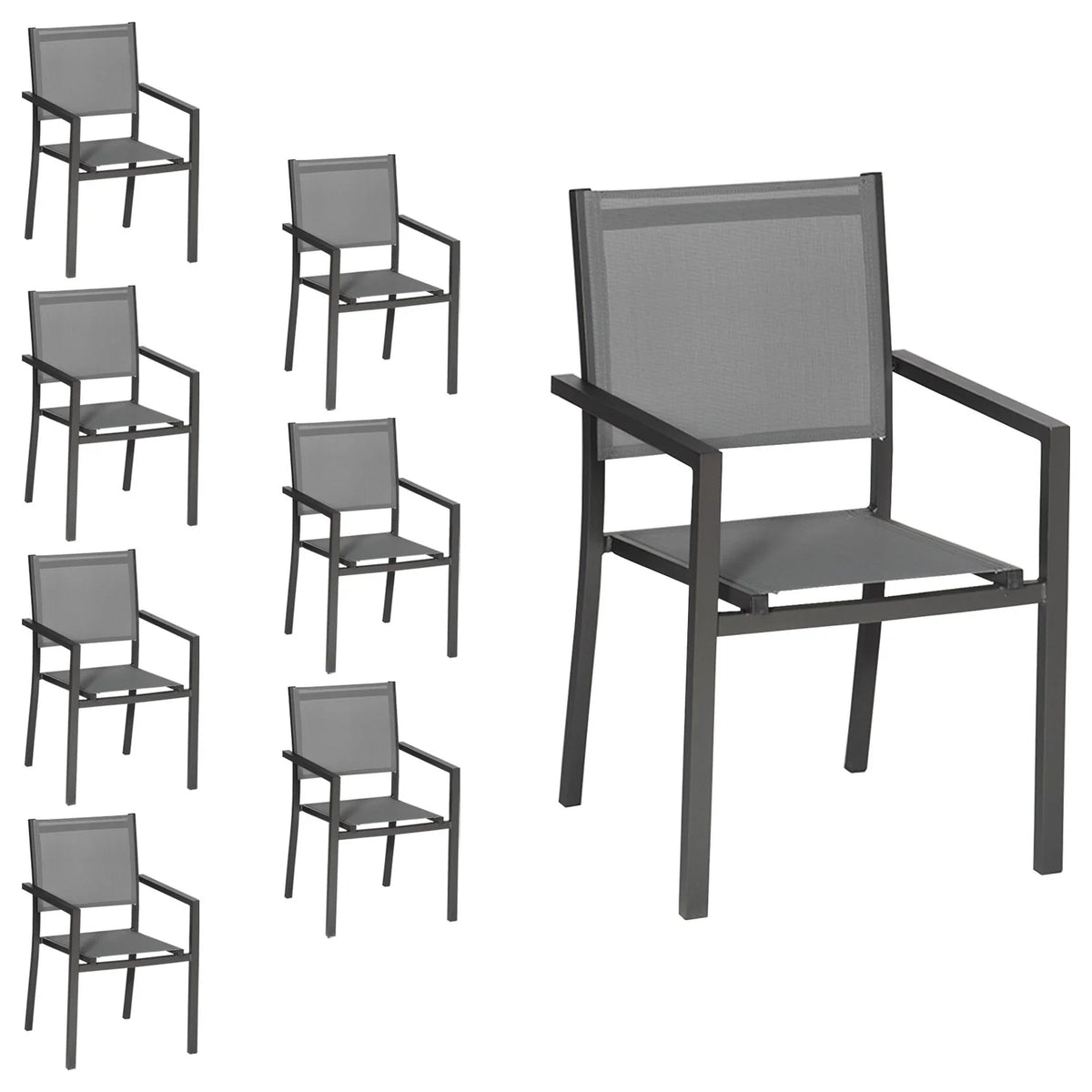 Lot de 8 chaises en aluminium anthracite - textilène gris -(SELLER_2006_77630)