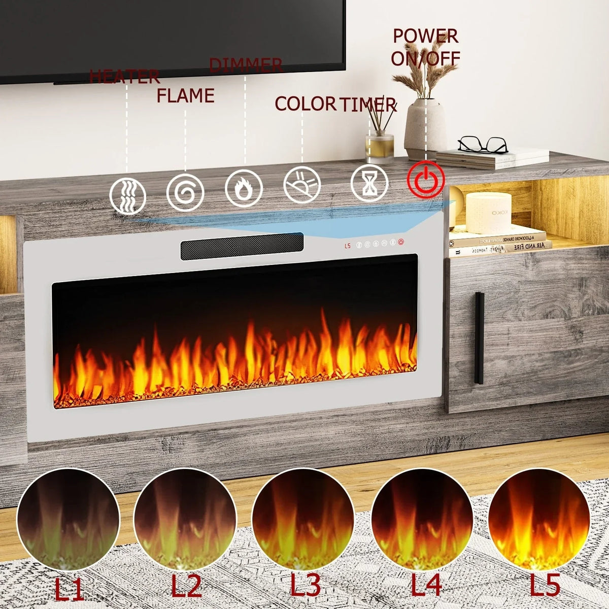Bossin 70 Fireplace TV Stand with 36 Electric Fireplace, TV Stand for TVs Up to 80, 16 Colors LED Lights/Entertainment Center
