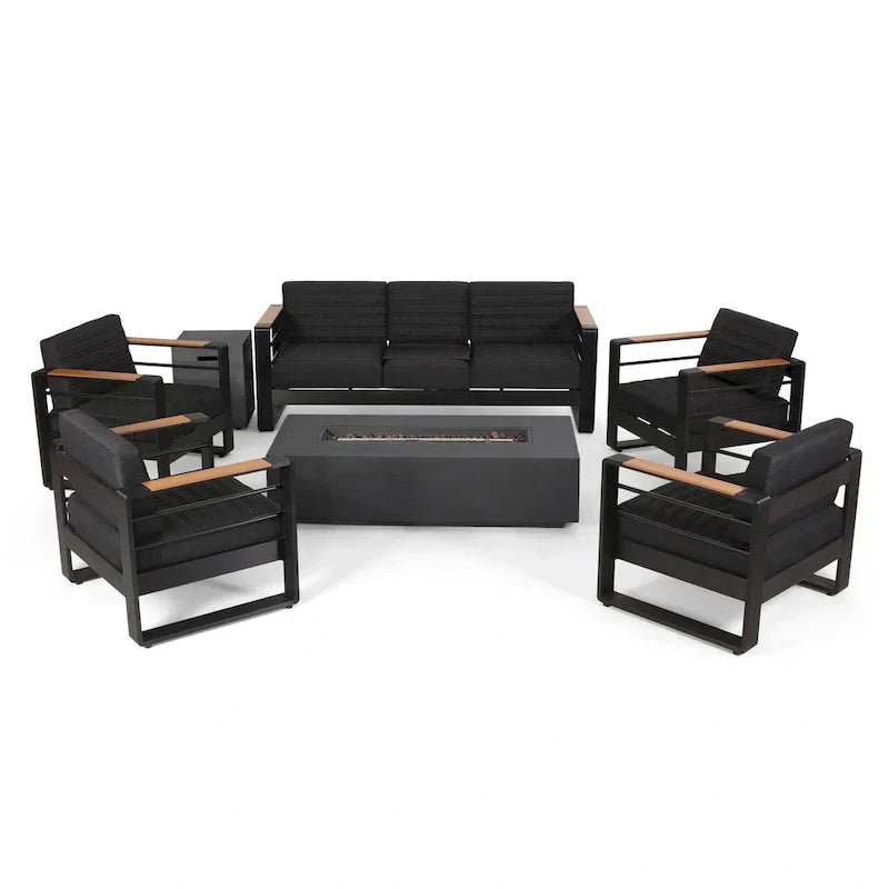 Giovanna Outdoor Aluminum 7 Seater Chat Set with Fire Pit by Christopher Knight Home
