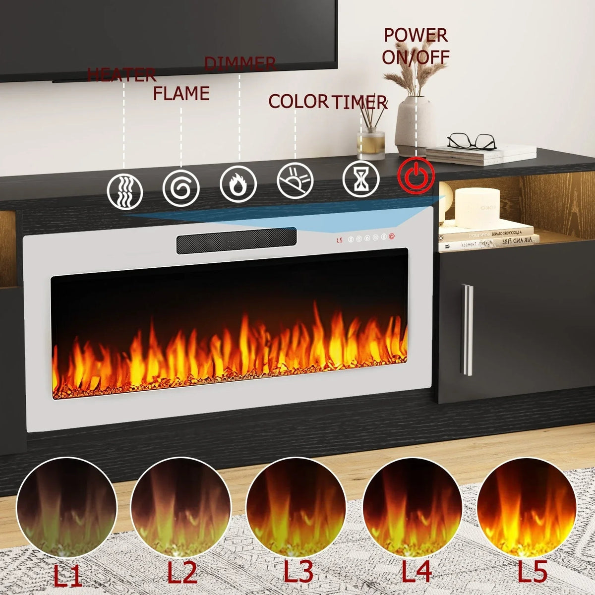Bossin 70 Fireplace TV Stand with 36 Electric Fireplace, TV Stand for TVs Up to 80, 16 Colors LED Lights/Entertainment Center