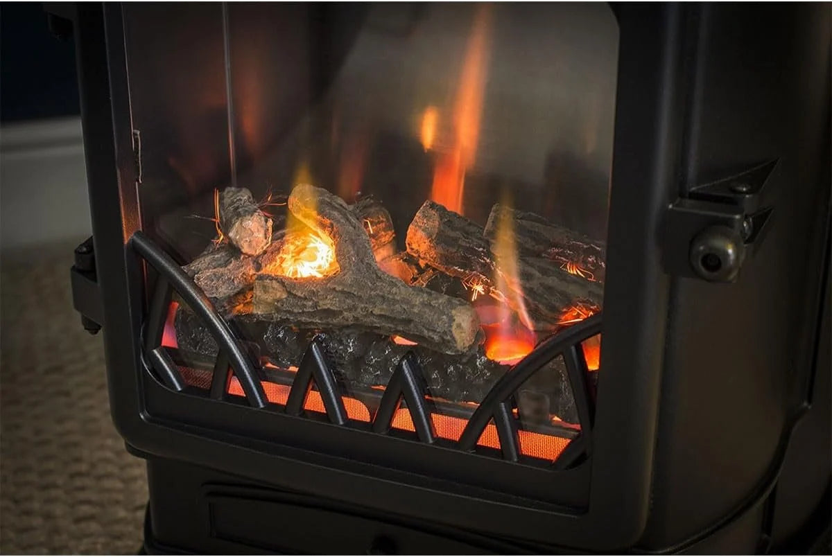 Universal poêle à gaz Provence 3,4 kW rouge, effet poêle à bois en fonte véritable, chauffage d’appoint avec tuyau gaz et détendeur