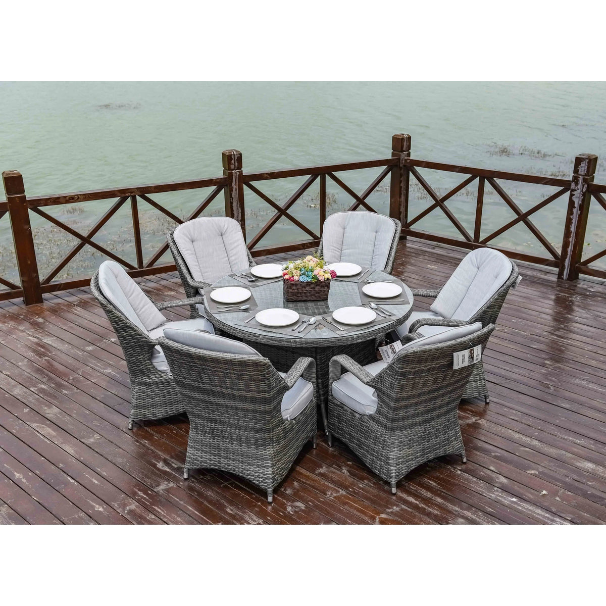 7 Pieces Outdoor Rattan Wicker Patio Round Dining Set with Cushions by Moda Furnishings