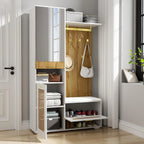 Meuble armoire pratique avec miroir pleine longueur,rangement chaussures avec assise basse,crochets suspendus en métal doré,étagères latérales ouvertes,vertical pour entrée claire Bois+Blanc