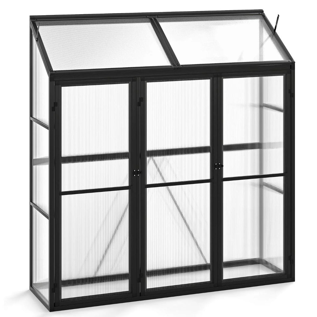 Serre de Jardin Extérieure en Aluminium Serre Mini Walk-in avec Lucarne et 3 Portes Fermables Plaques PC Résistantes au Soleil Noir