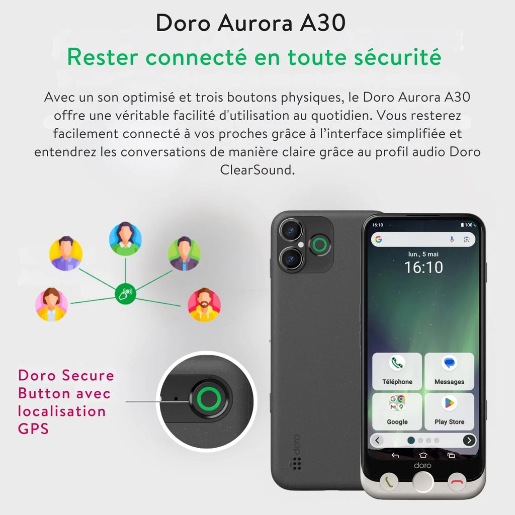 Doro - Téléphone Aurora A30 - Téléphone Portable Senior - Facile à Utiliser - Touche d'Assistance avec Localisation GPS - Compatible Appareils Auditifs - Câble USB Inclus - Graphite