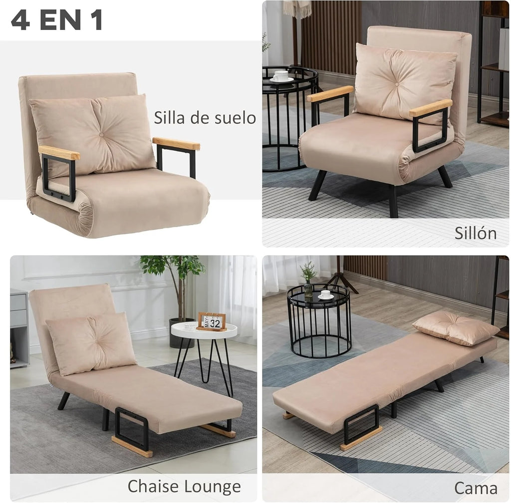 HOMCOM Sofa Bed 2 Seater Folding Sofa Bed Upholstered in Velvet with 5 Levels Adjustable Backrest and Padded Pillows for Office Bedroom Living Room 102 x 73 x 81 cm Beige