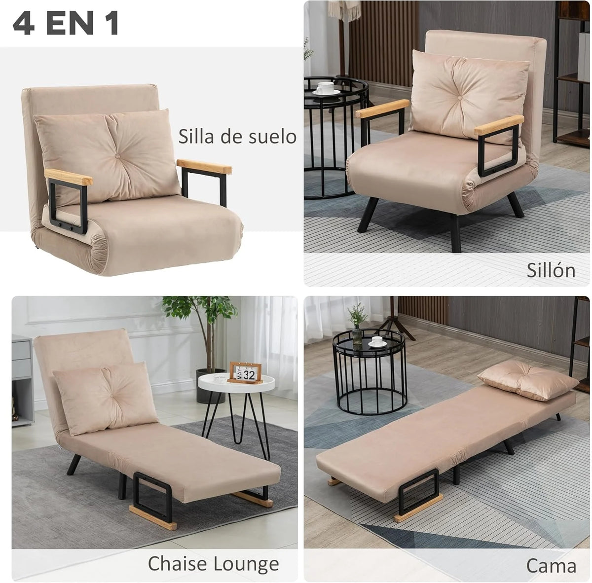 HOMCOM Sofa Bed 2 Seater Folding Sofa Bed Upholstered in Velvet with 5 Levels Adjustable Backrest and Padded Pillows for Office Bedroom Living Room 102 x 73 x 81 cm Beige