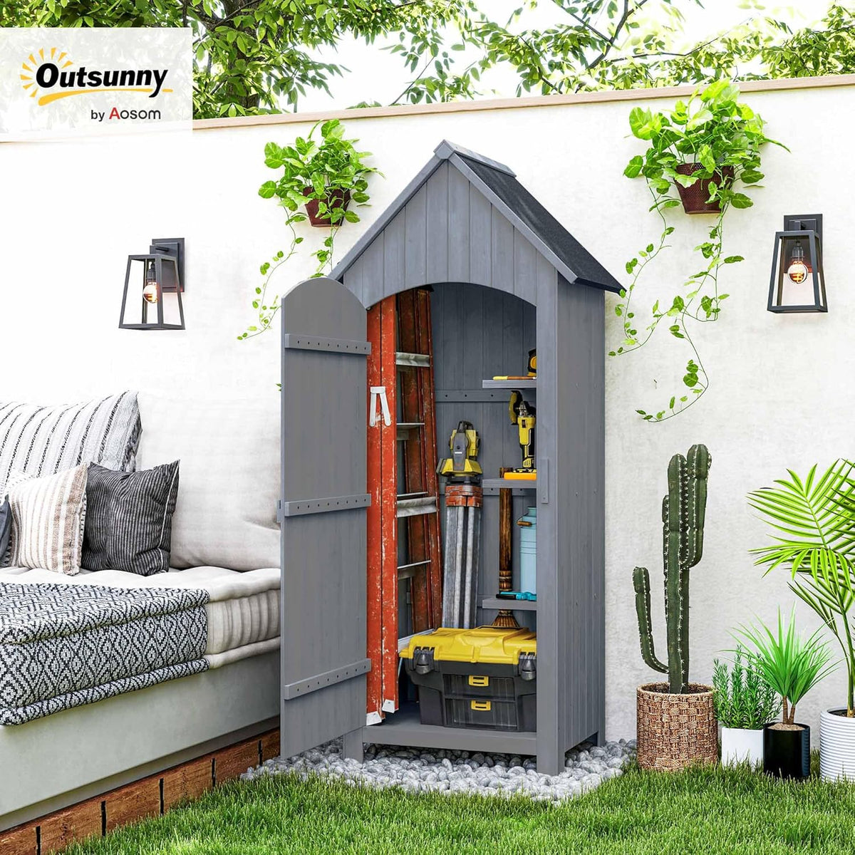 Outsunny Abri de Jardin en Bois cabane de Jardin Exterieur Armoire de Jardin avec Toit bitumé 3 étagères Porte avec loquet Rangement et Stockage extérieurs pour terrasse 77,5 x 54,2 x 179,5 cm Gris