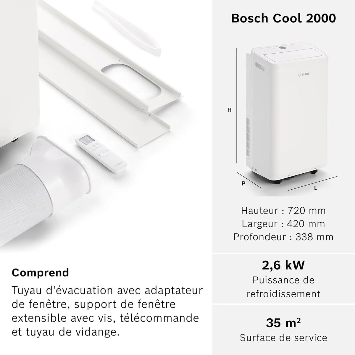 Bosch Cool 2000 Portable AC - 3 en 1 Climatiseur, Déshumidificateur, Ventilateur - 2,6 kW pour les pièces jusqu'à 35m² - Avec Mode Auto, Mode Silencieux et Mode Veille (46 db (A)) [Classe A]