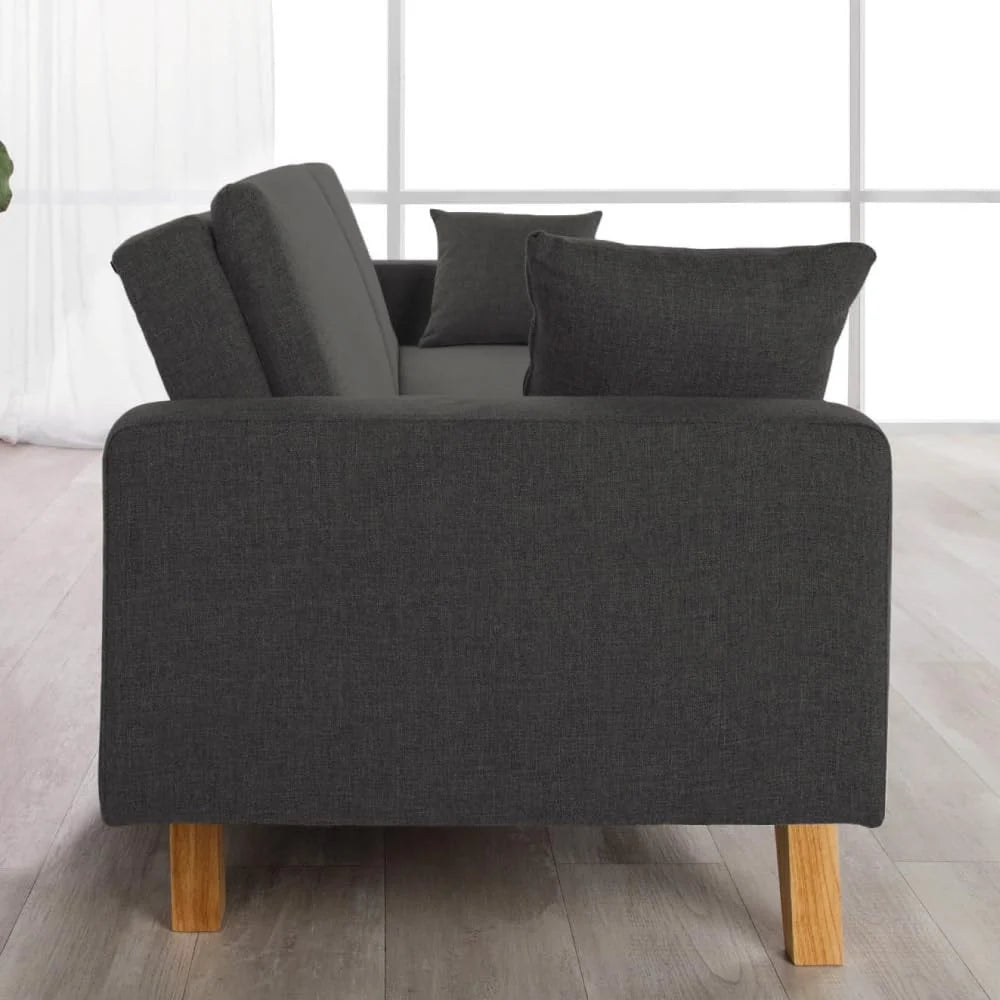 Don Descanso, Sofá Cama 3 plazas Reine, Tapizado en Tela, Sistema Apertura de Libro o Clic-clac, Medida sofá: 201x73x79 cm, Medida Cama: 201x99x42 cm, Incluye 2 Cojines, Gris Claro