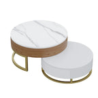 Round Coffee Table White with Storage Lift-Top Wood Coffee Table Lifts up with Rotatable Drawers White Natural