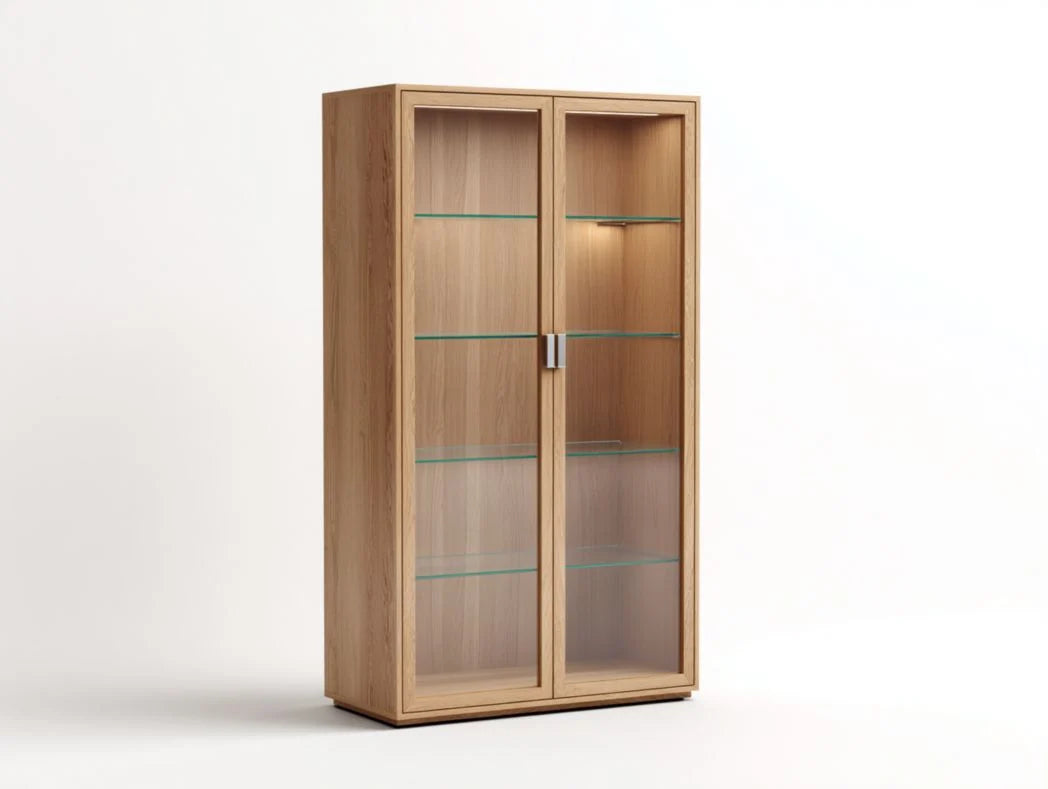 Vaisselier moderne en bois naturel avec 2 portes vitrées et étagères en verre