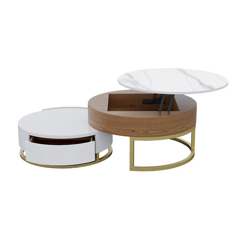 Round Coffee Table White with Storage Lift-Top Wood Coffee Table Lifts up with Rotatable Drawers White Natural