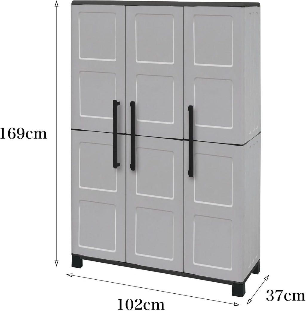 Dmora - Armoire d'extérieur Nandrin, Armoire à balais, Armoire d'extérieur 3 portes, 100% Made in Italy, 102x37h169 cm, Gris clair et noir, Finition damier