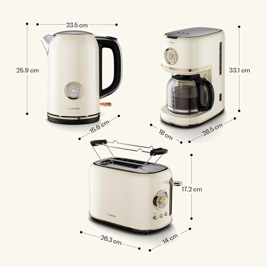 Klarstein Victoria Set Petit-Déjeuner Complet – Grille-Pain 2 Fentes 7 Niveaux, Bouilloire Électrique 1,7L, Cafetière Filtre 12 Tasses, Design Rétro, Support à Petits Pains, Cream
