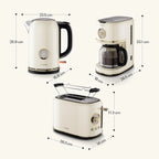 Klarstein Victoria Set Petit-Déjeuner Complet – Grille-Pain 2 Fentes 7 Niveaux, Bouilloire Électrique 1,7L, Cafetière Filtre 12 Tasses, Design Rétro, Support à Petits Pains, Cream