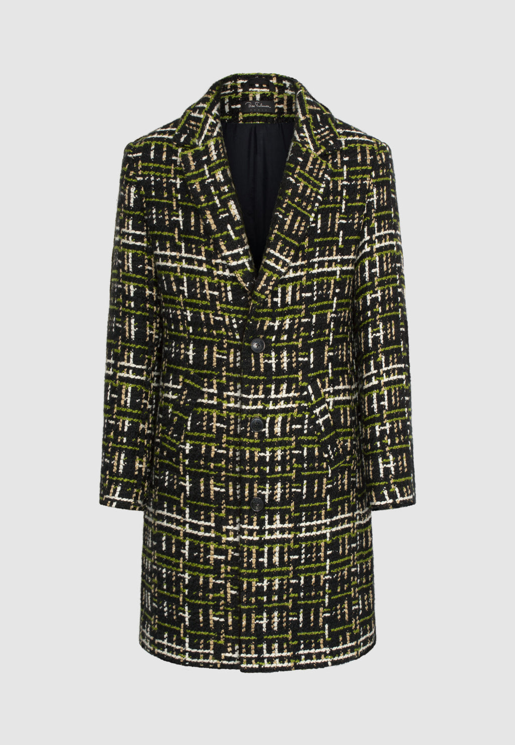 Manteau en tweed de laine noir, vert, beige et blanc