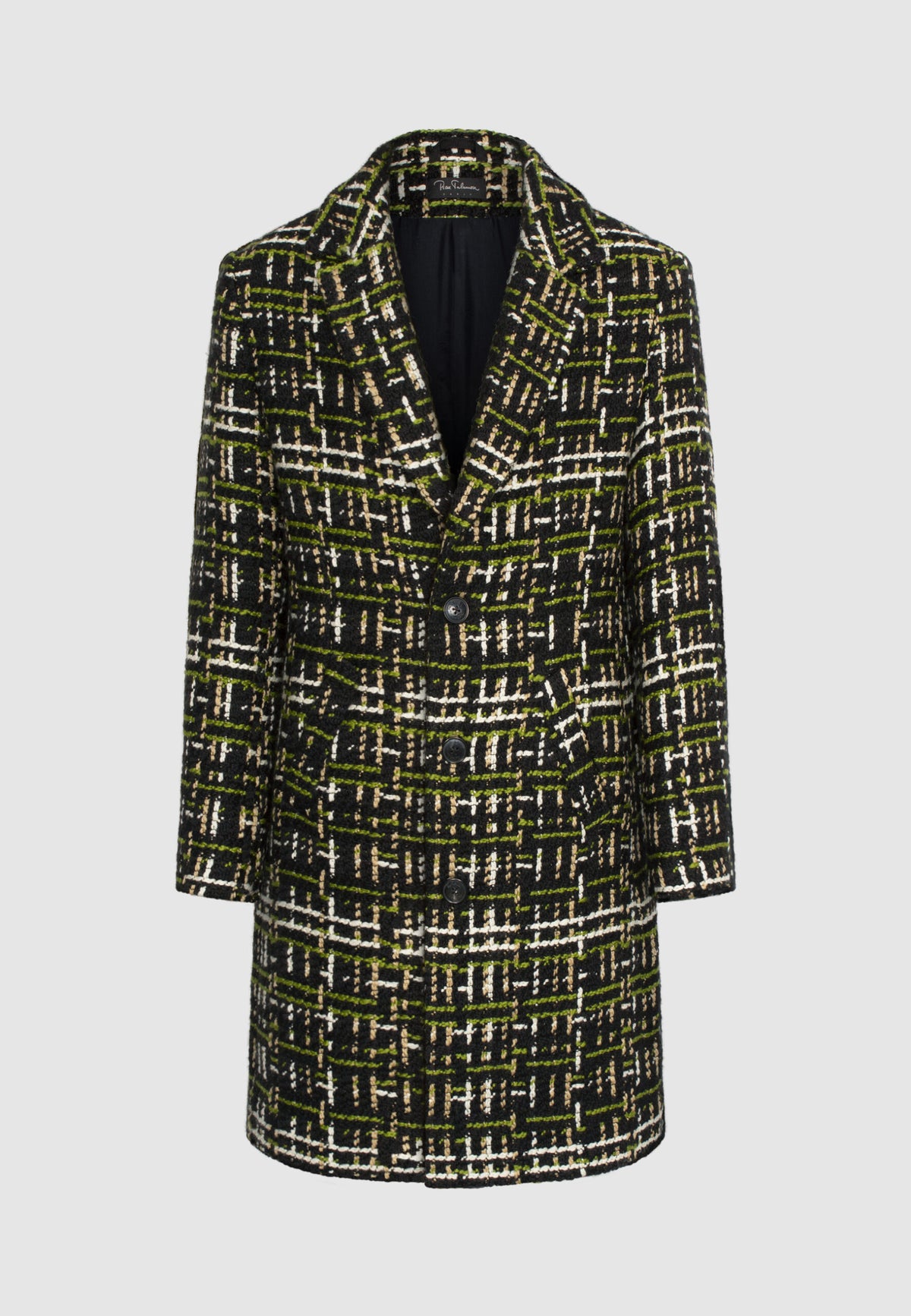 Manteau en tweed de laine noir, vert, beige et blanc