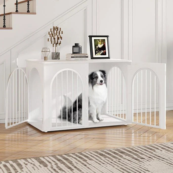 100cm Cage pour Chiens,Cage Chien de Taille Moyenne, Maisonnette pour Animaux,3 Portes, Porte arquée, 60 x 100 x 63 cm,Ivoire Clair
