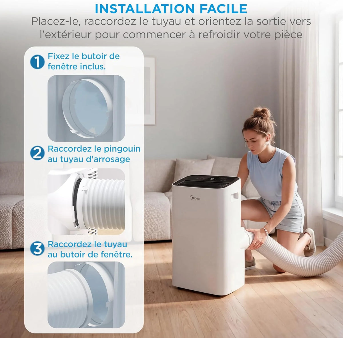 MIDEA Climatiseur Mobile Silencieux 12000 BTU avec Évacuation | 4 en 1: Climatisation, Ventilation, Déshumidification, Sleep | Clim Portable avec Contrôle App & Télécommande | Kit de Fenêtre Inclus