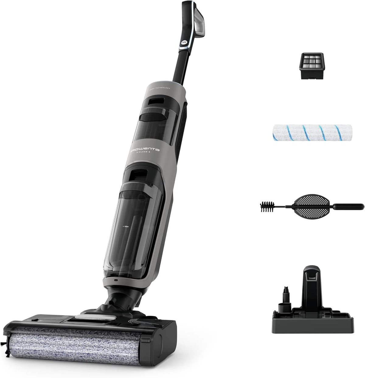 Rowenta X-Clean 4 Aspirateur Balai Laveur sans Fil, Aspiration et Lavage Puissant, Intelligent, Autonomie 50min, Autonettoyage GZ5036WO, Gris