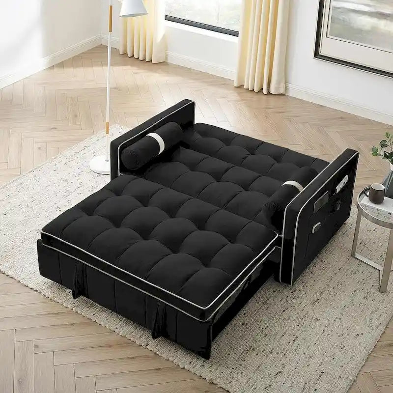 Velvet Multi-Functional Pull-Out Sofa Bed Adjustable Reclining Backrest With Pillows - N/A