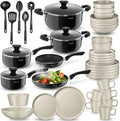 tectake® Set de cuisine 45 pièces, Service de table 6 personnes et Batterie de cuisine, Poêles, Casseroles, Assiettes plates, Assiettes creuses, Bols, Tasses, Louche, Spatule, Vaisselle en grès