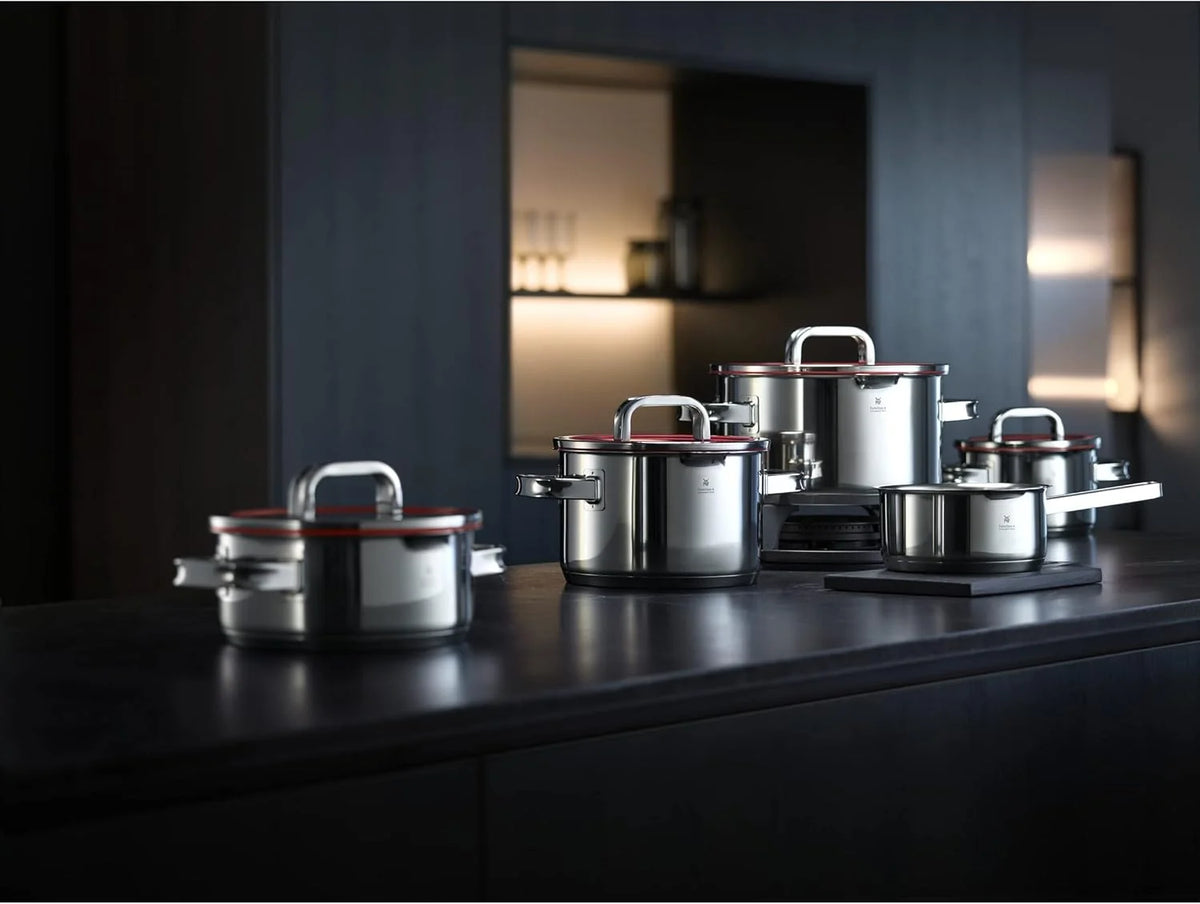 WMF Function 4 - Batería de Cocina 5 Piezas, Acero Inoxidable Apto para Inducción, 1 cacerola baja de 20 cm, 3 cacerolas altas de 16 cm, 20 cm y 24 cm con tapa, 1 cazo 16 cm