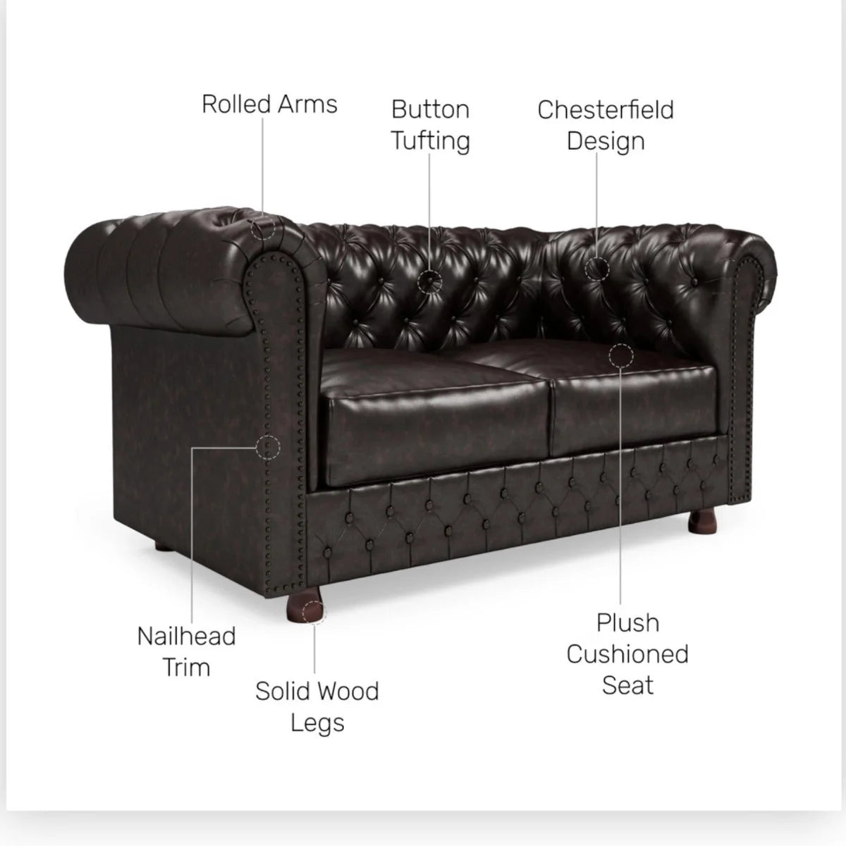 Nismaaya Camryn Traditional Chesterfield 2 Seater Sofas Dark Brown