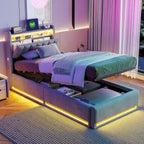 Lit Coffre 90x200 cm avec LED et Ports USB,Tête de Lits avec Rangement,Lit Double avec Sommier à Lattes, Facile à Assembler,pour Adultes et Adolescents,Velours (Gris, 90x200 cm)
