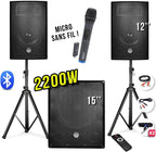 Pack Sono 2200W - Enceintes 12" + Caisson 15" + Pieds + Micro UHF - USB/Bluetooth + câbles