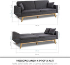 Don Descanso, Sofá Cama 3 plazas Reine, Tapizado en Tela, Sistema Apertura de Libro o Clic-clac, Medida sofá: 201x73x79 cm, Medida Cama: 201x99x42 cm, Incluye 2 Cojines, Gris Claro