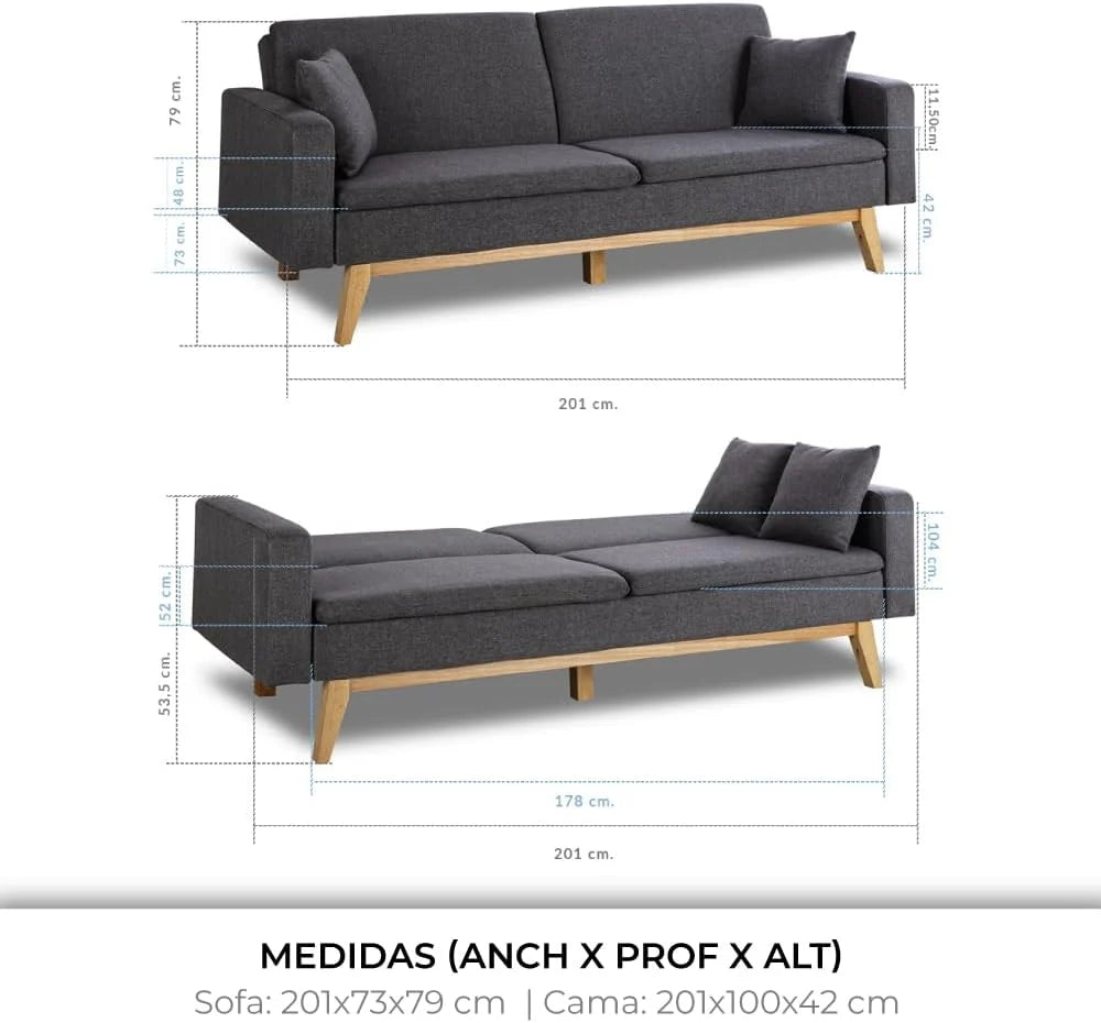 Don Descanso, Sofá Cama 3 plazas Reine, Tapizado en Tela, Sistema Apertura de Libro o Clic-clac, Medida sofá: 201x73x79 cm, Medida Cama: 201x99x42 cm, Incluye 2 Cojines, Gris Claro
