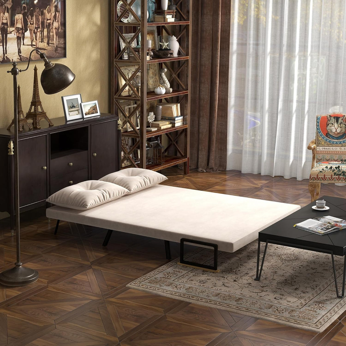HOMCOM Sofa Bed 2 Seater Folding Sofa Bed Upholstered in Velvet with 5 Levels Adjustable Backrest and Padded Pillows for Office Bedroom Living Room 102 x 73 x 81 cm Beige