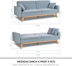 Don Descanso, Sofá Cama 3 plazas Reine, Tapizado en Tela, Sistema Apertura de Libro o Clic-clac, Medida sofá: 201x73x79 cm, Medida Cama: 201x99x42 cm, Incluye 2 Cojines, Gris Claro