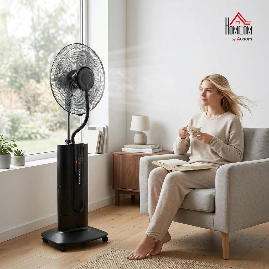 HOMCOM Ventilateur brumisateur 100 W à ionisation négative, ventilateur sur pied 130 cm, oscillation à 120°, 3 vitesses, 3 modes, réservoir d'eau 1,5 L, télécommande, minuterie 9h, roulettes, noir