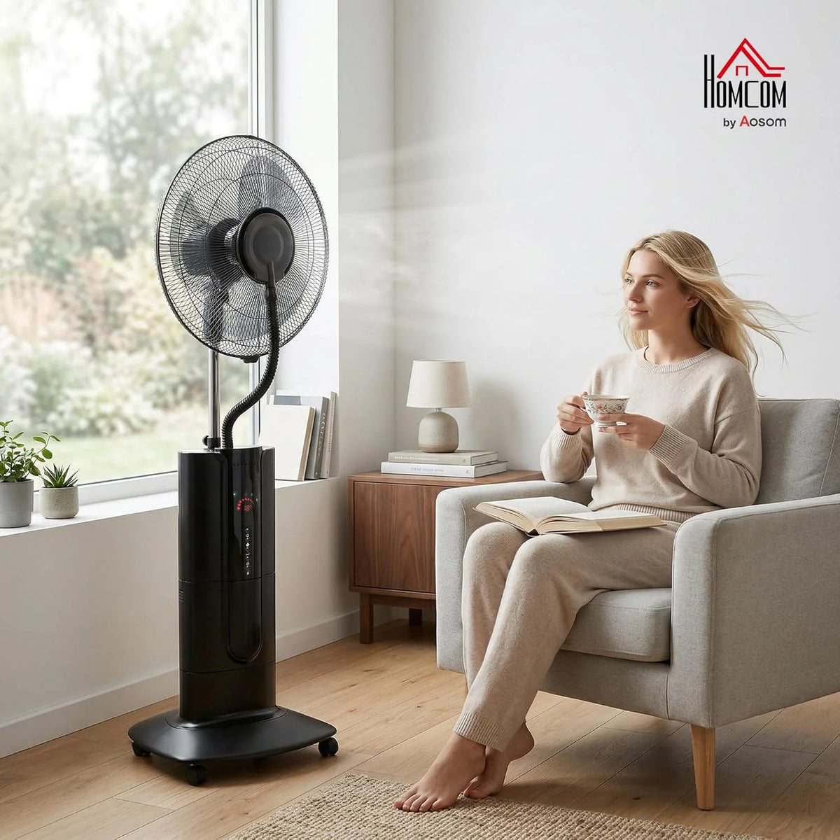 HOMCOM Ventilateur brumisateur 100 W à ionisation négative, ventilateur sur pied 130 cm, oscillation à 120°, 3 vitesses, 3 modes, réservoir d'eau 1,5 L, télécommande, minuterie 9h, roulettes, noir